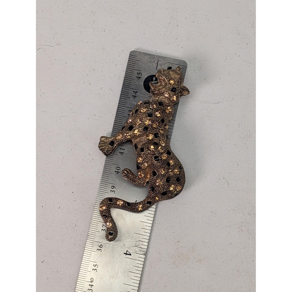 Tasha Leopard Brooch Gold Tone Champagne Rhinestone Black Animal Statement Pin - Picture 3 of 5